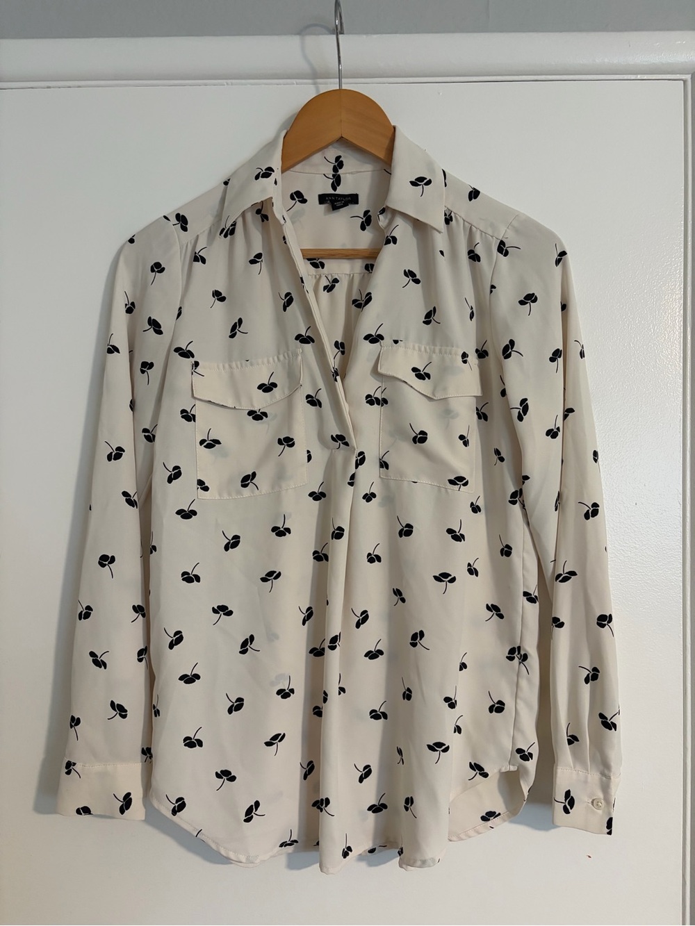 Ann Taylor Cream Button-Up Blouse with Black Flower Motif